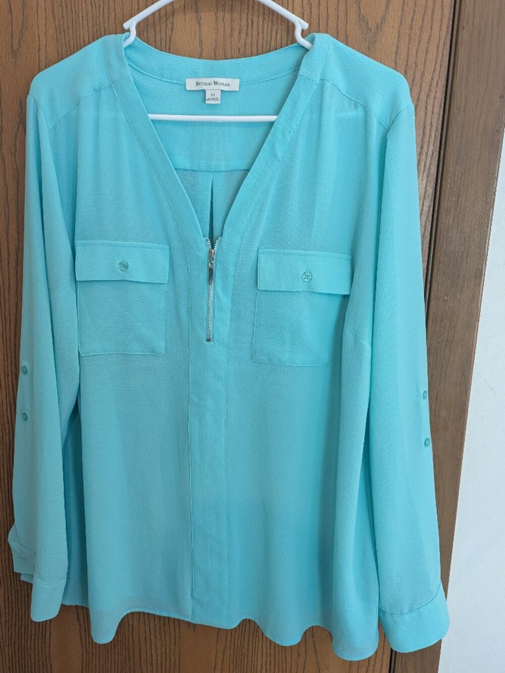 Studio Works 1/4 Zip Long Sleeve Green Blouse Color Pop Light Weight Pockets- XL
